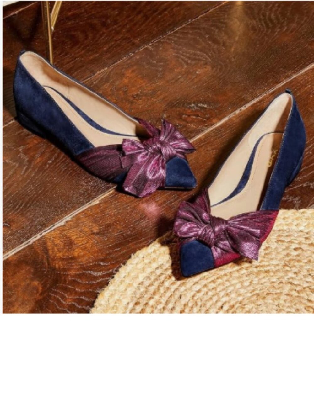 XYD Navy Bowknot Pointed Toe Slip On Low Heels Pumps Stylish Soft Suede Shoes